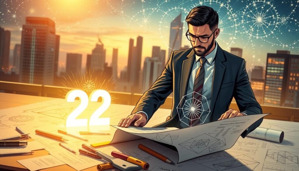 A dynamic and inspiring visualization of master builder energy in numerology, focusing on the essence of the number 22. In the foreground, feature a confident professional individual dressed in smart business attire, engaged in the act of constructing intricate blueprints with geometric patterns symbolizing strength and structure. The middle ground showcases a table filled with architectural tools and glowing numerical symbols, particularly highlighting the number 22 in an ethereal, luminous aura. Background elements include soft-focus skyscrapers and a celestial sky filled with twinkling stars, imbuing a sense of ambition and infinite possibilities. The lighting is warm and inviting, casting a golden glow that enhances the atmosphere of creativity and mastery. The overall mood evokes empowerment, clarity, and a visionary spirit. A dynamic and inspiring visualization of master builder energy in numerology, focusing on the essence of the number 22. In the foreground, feature a confident professional individual dressed in smart business attire, engaged in the act of constructing intricate blueprints with geometric patterns symbolizing strength and structure. The middle ground showcases a table filled with architectural tools and glowing numerical symbols, particularly highlighting the number 22 in an ethereal, luminous aura. Background elements include soft-focus skyscrapers and a celestial sky filled with twinkling stars, imbuing a sense of ambition and infinite possibilities. The lighting is warm and inviting, casting a golden glow that enhances the atmosphere of creativity and mastery. The overall mood evokes empowerment, clarity, and a visionary spirit.