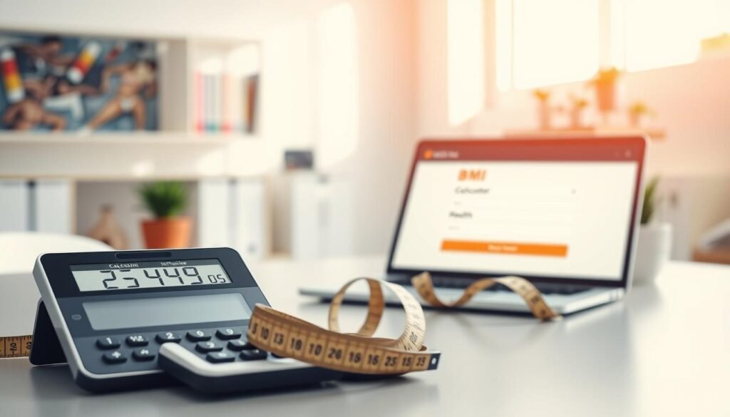 A female BMI calculator tool displayed on a sleek, modern desk in a bright, well-lit office environment. The foreground features a stylish calculator with a digital screen showing numbers and graphs, reflecting body mass index data. Positioned next to it is a measuring tape coiled neatly, symbolizing health and fitness. In the middle ground, a laptop with an intuitive BMI calculator webpage open can be seen, displaying user-friendly input fields for height and weight. The background features a soft-focus shelf with health books and a potted plant, adding a welcoming atmosphere. The lighting is bright and natural, creating an inviting mood, and the scene is captured with a slight angle to provide depth. Overall, the composition feels professional and health-focused, with no people present.