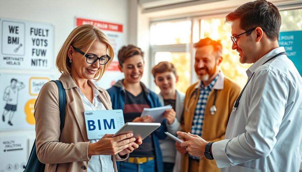 A focused and inviting scene depicting a diverse group of people—two adults and a child—engaged in using a BMI calculator in a well-lit, modern health clinic setting. In the foreground, a middle-aged woman is intently examining her BMI results displayed on a tablet, dressed in smart casual attire, alongside a teenage boy and an adult man discussing health metrics. The middle ground features a health professional, wearing a lab coat, guiding them with friendly gestures. The background includes motivational health posters and a large window with natural light streaming in, creating a warm and encouraging atmosphere. The lens should capture this moment with a slight depth of field effect, highlighting the interaction and engagement among the individuals. A focused and inviting scene depicting a diverse group of people—two adults and a child—engaged in using a BMI calculator in a well-lit, modern health clinic setting. In the foreground, a middle-aged woman is intently examining her BMI results displayed on a tablet, dressed in smart casual attire, alongside a teenage boy and an adult man discussing health metrics. The middle ground features a health professional, wearing a lab coat, guiding them with friendly gestures. The background includes motivational health posters and a large window with natural light streaming in, creating a warm and encouraging atmosphere. The lens should capture this moment with a slight depth of field effect, highlighting the interaction and engagement among the individuals.