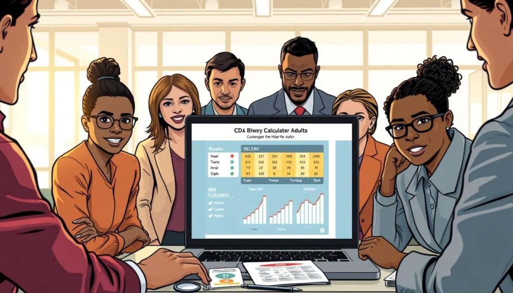 A focused scene illustrating the process of using the CDC BMI Calculator for Adults. In the foreground, a diverse group of individuals, dressed in professional business attire, are gathered around a laptop displaying the BMI calculator interface. Their expressions are engaged and curious, highlighting the importance of health awareness. The middle ground features the calculator results prominently displayed on the screen, with graphs and numerical data, while other health-related materials like charts and pamphlets are scattered around. In the background, a well-lit, modern office space gives an inviting atmosphere, with soft natural light filtering through large windows. The overall mood is one of motivation and empowerment, emphasizing personal health tracking in a collaborative environment. A focused scene illustrating the process of using the CDC BMI Calculator for Adults. In the foreground, a diverse group of individuals, dressed in professional business attire, are gathered around a laptop displaying the BMI calculator interface. Their expressions are engaged and curious, highlighting the importance of health awareness. The middle ground features the calculator results prominently displayed on the screen, with graphs and numerical data, while other health-related materials like charts and pamphlets are scattered around. In the background, a well-lit, modern office space gives an inviting atmosphere, with soft natural light filtering through large windows. The overall mood is one of motivation and empowerment, emphasizing personal health tracking in a collaborative environment.