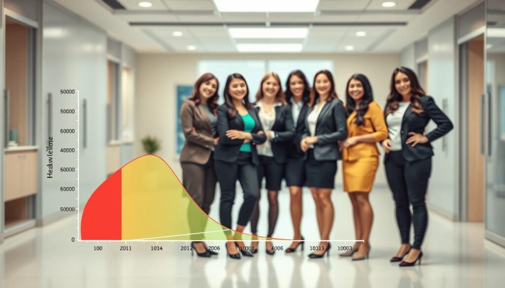 A graph illustrating the healthy BMI range for women, depicted prominently in the foreground with distinct segments showcasing the underweight, normal, overweight, and obese categories using vivid colors. In the middle ground, a diverse group of women in professional business attire stands together, representing various body types, appearing healthy and confident. They are smiling and engaging with one another, emphasizing a supportive atmosphere. The background features a serene health clinic environment with soft lighting and soothing colors, creating a calm and uplifting mood. The image captures an educational context, highlighting the importance of maintaining a healthy body mass index. The composition is balanced, utilizing a soft-focus lens to accentuate the women and the chart, lending a friendly and encouraging tone to the overall scene.