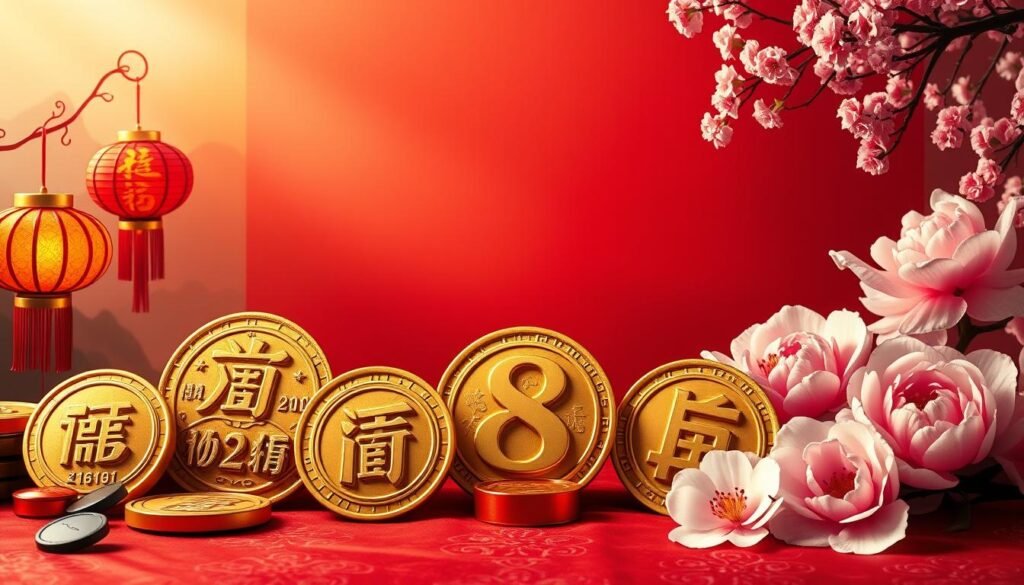 A harmonious arrangement of traditional Chinese symbols representing lucky numbers, prominently featuring the number 8, surrounded by intricate red and gold designs. In the foreground, display golden coins inscribed with Chinese characters for prosperity, alongside lanterns and peonies symbolizing good fortune. The middle ground should include a deep red silk background with subtle patterns echoing Chinese art, creating a sense of depth. In the background, faint silhouettes of mountainous landscapes and cherry blossoms enhance the cultural theme. Soft, warm lighting emanates from the top left, casting gentle highlights on the coins and symbols, suggesting an atmosphere of celebration and optimism. The composition should evoke a sense of reverence for these auspicious elements in Chinese culture.