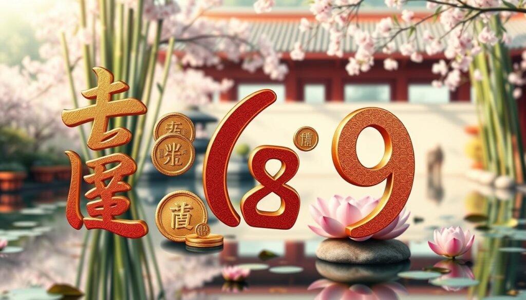 A harmonious composition depicting lucky numbers in Chinese culture, with a focus on the digits 2, 6, 8, and 9. In the foreground, elegant calligraphy of these numbers is stylized in gold and red ink, symbolizing prosperity and good fortune. The middle layer features traditional Chinese coins and decorative elements like lotus flowers, which are often associated with luck and purity. The background portrays a serene scene of a Chinese garden, with bamboo, cherry blossoms, and a tranquil pond under soft, natural lighting that evokes a peaceful atmosphere. Use a subtle depth of field to emphasize the foreground while slightly blurring the background. The overall mood should be one of positivity and hope, inviting viewers to engage with the symbolism of these numbers.