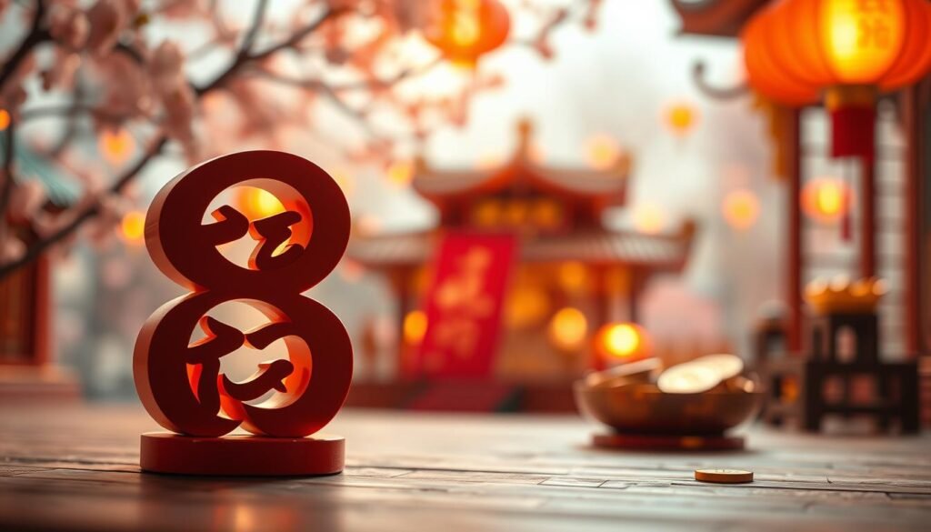 A harmonious composition showcasing the concept of lucky numbers in Chinese culture. In the foreground, prominently feature the numbers 8 and 9, artistically rendered in an elegant calligraphic style, symbolizing prosperity and long-lasting luck. The middle ground depicts traditional Chinese symbols and icons such as a red envelope (hongbao) and gold coins, representing wealth and good fortune. The background should be softly blurred, with faint images of cherry blossoms and lanterns illuminated by warm, inviting golden light, creating a serene and auspicious atmosphere. Utilize a shallow depth of field to focus on the numbers while maintaining a dreamy quality. Capture the essence of luck and prosperity, instilling a sense of hope and positivity in the viewer. A harmonious composition showcasing the concept of lucky numbers in Chinese culture. In the foreground, prominently feature the numbers 8 and 9, artistically rendered in an elegant calligraphic style, symbolizing prosperity and long-lasting luck. The middle ground depicts traditional Chinese symbols and icons such as a red envelope (hongbao) and gold coins, representing wealth and good fortune. The background should be softly blurred, with faint images of cherry blossoms and lanterns illuminated by warm, inviting golden light, creating a serene and auspicious atmosphere. Utilize a shallow depth of field to focus on the numbers while maintaining a dreamy quality. Capture the essence of luck and prosperity, instilling a sense of hope and positivity in the viewer.