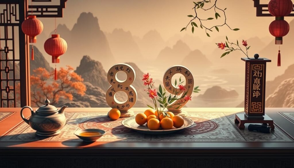 A harmonious composition showcasing the significance of numbers in Chinese culture. In the foreground, display an intricately designed table with traditional Chinese artifacts like a teapot, decorative chopsticks, and a bowl of oranges symbolizing luck. In the middle, arrange auspicious numbers, such as 8 and 9, artistically intertwined with flowers and bamboo, representing prosperity and longevity. The background should feature a serene Chinese landscape with mountains and flowing water, subtly blending in cultural motifs like lanterns and calligraphy. Optimal soft lighting casts gentle shadows, creating a warm and inviting atmosphere. Use a wide-angle lens to capture the entire scene, evoking feelings of peace and reverence for cultural traditions. The overall mood should be reflective and serene, emphasizing the deep connection between numbers and cultural beliefs in China.