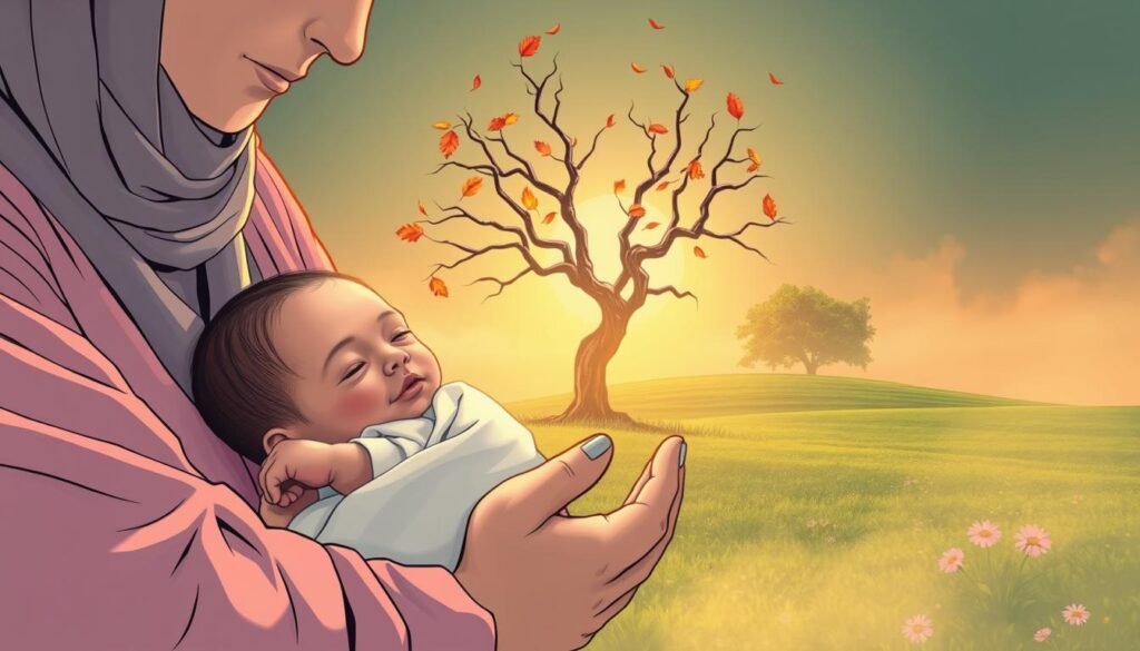 A harmonious depiction of the cycle of life represented by three distinct yet interconnected stages: birth, death, and rebirth. In the foreground, a newborn baby cradled tenderly by a compassionate adult, both clothed in warm, modest attire, surrounded by soft pastels of pink and blue. In the middle ground, a fading tree that symbolizes death, its branches gently swaying in the breeze, adorned with vibrant autumn leaves. In the background, a lush green landscape under a golden sunrise signifies renewal and rebirth, with blooming flowers emerging from the ground. The scene is bathed in soft, warm lighting, creating an ethereal atmosphere. A slight mist envelops the background, adding depth and a sense of tranquility. The image is captured from a subtle angle that draws the viewer into this serene narrative. A harmonious depiction of the cycle of life represented by three distinct yet interconnected stages: birth, death, and rebirth. In the foreground, a newborn baby cradled tenderly by a compassionate adult, both clothed in warm, modest attire, surrounded by soft pastels of pink and blue. In the middle ground, a fading tree that symbolizes death, its branches gently swaying in the breeze, adorned with vibrant autumn leaves. In the background, a lush green landscape under a golden sunrise signifies renewal and rebirth, with blooming flowers emerging from the ground. The scene is bathed in soft, warm lighting, creating an ethereal atmosphere. A slight mist envelops the background, adding depth and a sense of tranquility. The image is captured from a subtle angle that draws the viewer into this serene narrative.