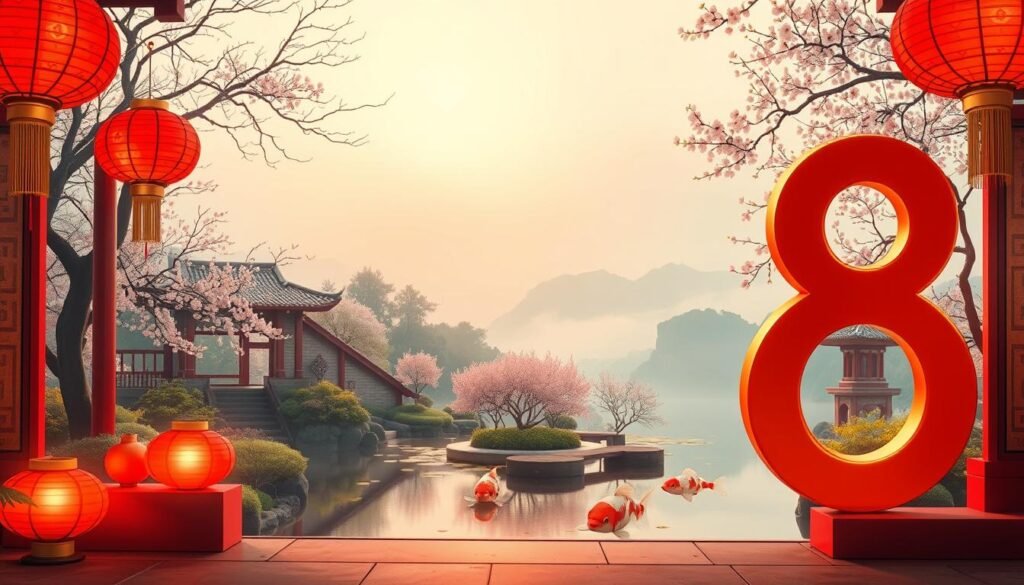 A harmonious scene depicting the cultural significance of numbers in Chinese society, focusing on the number 8. In the foreground, a beautifully arranged series of traditional Chinese numerals, with a glossy texture, glowing softly under warm lantern light. The middle ground features a serene landscape of a Chinese garden, complete with a koi pond and delicate cherry blossoms, symbolizing prosperity. In the background, a soft mist envelops distant mountains, suggesting tranquility and depth. The overall color palette should be rich in reds and golds, evoking luck and celebration. The atmosphere conveys a sense of reverence and spirituality, highlighting the auditory qualities of numerical sounds without any text or figures present, emphasizing the cultural essence of number 8 in harmony with nature. A harmonious scene depicting the cultural significance of numbers in Chinese society, focusing on the number 8. In the foreground, a beautifully arranged series of traditional Chinese numerals, with a glossy texture, glowing softly under warm lantern light. The middle ground features a serene landscape of a Chinese garden, complete with a koi pond and delicate cherry blossoms, symbolizing prosperity. In the background, a soft mist envelops distant mountains, suggesting tranquility and depth. The overall color palette should be rich in reds and golds, evoking luck and celebration. The atmosphere conveys a sense of reverence and spirituality, highlighting the auditory qualities of numerical sounds without any text or figures present, emphasizing the cultural essence of number 8 in harmony with nature.