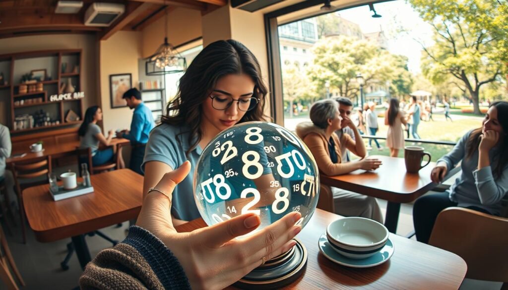 A harmonious scene featuring elements representing Taurus lucky numbers integrated into daily life activities. In the foreground, a casually dressed person of diverse background is seen examining a beautiful crystal ball with numbers glowing softly, symbolizing hopes and decisions related to love, work, and finances. The middle ground features a cozy coffee shop setting, with tables adorned with polished wood, where other patrons engage in discussions about their aspirations, optimistically referencing their lucky numbers. The background reveals a sunny outdoor view, with a serene park where people interact joyfully, embodying prosperity and connection. The lighting is warm and inviting, creating an uplifting atmosphere. The composition is framed with a slight fisheye effect, enhancing the sense of community and positivity surrounding the influence of Taurus lucky numbers.