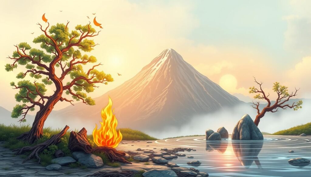 A harmonious scene representing the five elements of Chinese culture: wood, fire, earth, metal, and water. In the foreground, illustrate a vibrant wooden tree symbolizing growth, next to a dynamic flame representing passion. The middle ground showcases a serene mountain of earthy tones, with shimmering stones for metal and a tranquil water feature reflecting light. The background features a soft, misty sky that transitions through warm and cool colors, creating a peaceful atmosphere. Use natural lighting to enhance the serene mood, with a slight depth of field to focus on the elements while softly blurring the background. The composition should evoke a sense of balance, harmony, and interconnectedness central to Chinese philosophy.