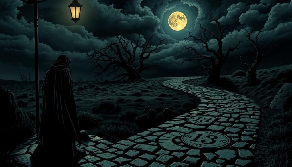 A haunting, atmospheric scene illustrating the dark side of the number 13. In the foreground, a shadowy figure dressed in a long, flowing cloak stands under a flickering streetlight, casting an eerie silhouette. In the middle ground, a cracked cobblestone pathway winds through a desolate landscape, with twisted trees and a full moon casting an ominous glow. Symbols and numbers, particularly the number 13, are subtly integrated into the stones along the path, appearing weathered and worn, suggesting age and superstition. The background features a dark, stormy sky filled with ominous clouds, creating a foreboding atmosphere. The lighting is low, with deep shadows and sharp contrasts to evoke a sense of mystery and unease. The overall mood is dark and unsettling, emphasizing the superstition surrounding the number 13. A haunting, atmospheric scene illustrating the dark side of the number 13. In the foreground, a shadowy figure dressed in a long, flowing cloak stands under a flickering streetlight, casting an eerie silhouette. In the middle ground, a cracked cobblestone pathway winds through a desolate landscape, with twisted trees and a full moon casting an ominous glow. Symbols and numbers, particularly the number 13, are subtly integrated into the stones along the path, appearing weathered and worn, suggesting age and superstition. The background features a dark, stormy sky filled with ominous clouds, creating a foreboding atmosphere. The lighting is low, with deep shadows and sharp contrasts to evoke a sense of mystery and unease. The overall mood is dark and unsettling, emphasizing the superstition surrounding the number 13.