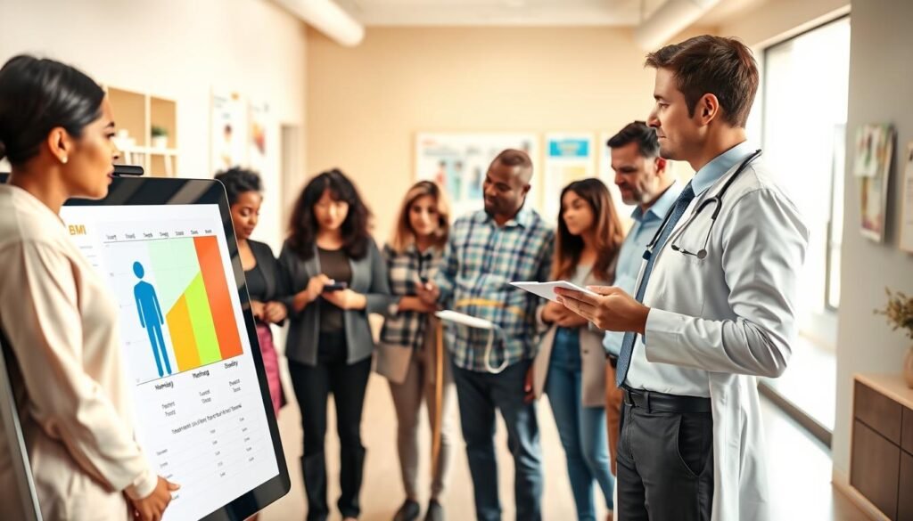 A healthcare professional, dressed in a smart, professional outfit, is engaging with a diverse group of adults in a bright, modern office setting. The foreground features a large digital display showing a colorful chart illustrating the Body Mass Index (BMI) categories (underweight, normal, overweight, obesity). In the middle ground, several individuals—representing different ethnicities and age groups—are attentively looking at the display, some taking notes, while others are referencing measuring tools like a scale and a tape measure. The background is softly blurred, hinting at additional wellness materials and healthy lifestyle posters on the walls. The overall lighting is warm and inviting, creating a focused yet relaxed atmosphere that encourages conversation about health and wellness. The angle of the shot includes a slight upward tilt, emphasizing the importance of BMI in health discussions. A healthcare professional, dressed in a smart, professional outfit, is engaging with a diverse group of adults in a bright, modern office setting. The foreground features a large digital display showing a colorful chart illustrating the Body Mass Index (BMI) categories (underweight, normal, overweight, obesity). In the middle ground, several individuals—representing different ethnicities and age groups—are attentively looking at the display, some taking notes, while others are referencing measuring tools like a scale and a tape measure. The background is softly blurred, hinting at additional wellness materials and healthy lifestyle posters on the walls. The overall lighting is warm and inviting, creating a focused yet relaxed atmosphere that encourages conversation about health and wellness. The angle of the shot includes a slight upward tilt, emphasizing the importance of BMI in health discussions.
