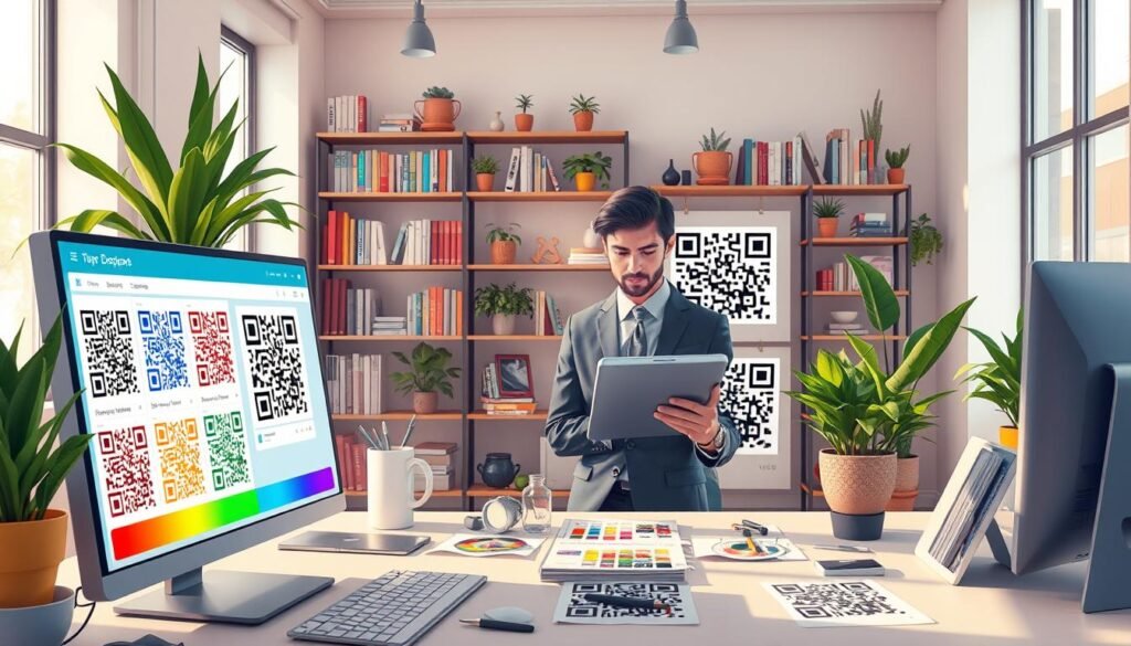A highly detailed workspace showcasing the customization of QR codes with vibrant colors and logos. In the foreground, a computer screen displays a QR code generator interface, with multiple designs visible, featuring colorful patterns and various logos integrated into the QR codes. In the middle, a graphic designer in professional attire is attentively working on a digital tablet, surrounded by color palettes and design tools, creating artistic variations of QR codes. The background features a modern, well-lit office environment with shelves filled with design books and potted plants, creating a creative and inspiring atmosphere. Soft, natural lighting filters through large windows, enhancing the inviting mood of the workspace. The composition should be visually engaging, focusing on the artistry of QR code customization. A highly detailed workspace showcasing the customization of QR codes with vibrant colors and logos. In the foreground, a computer screen displays a QR code generator interface, with multiple designs visible, featuring colorful patterns and various logos integrated into the QR codes. In the middle, a graphic designer in professional attire is attentively working on a digital tablet, surrounded by color palettes and design tools, creating artistic variations of QR codes. The background features a modern, well-lit office environment with shelves filled with design books and potted plants, creating a creative and inspiring atmosphere. Soft, natural lighting filters through large windows, enhancing the inviting mood of the workspace. The composition should be visually engaging, focusing on the artistry of QR code customization.