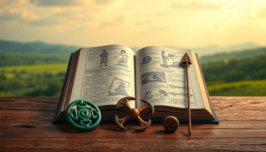 A historical depiction of the number three, showcasing its significance across various cultures. In the foreground, illustrate three ancient artifacts symbolizing luck, such as a Chinese jade pendant, a Celtic triskelion, and a Roman three-forked spear, arranged harmoniously on a textured wooden table. The middle ground features a softly lit open book displaying historical illustrations that highlight the number three’s importance in mythology and philosophy. In the background, a faint silhouette of a lush green landscape under a peaceful sky, enhancing the serene and contemplative mood. Use warm, natural lighting to evoke a sense of wisdom and timelessness, captured from a slightly elevated angle to create depth. A historical depiction of the number three, showcasing its significance across various cultures. In the foreground, illustrate three ancient artifacts symbolizing luck, such as a Chinese jade pendant, a Celtic triskelion, and a Roman three-forked spear, arranged harmoniously on a textured wooden table. The middle ground features a softly lit open book displaying historical illustrations that highlight the number three’s importance in mythology and philosophy. In the background, a faint silhouette of a lush green landscape under a peaceful sky, enhancing the serene and contemplative mood. Use warm, natural lighting to evoke a sense of wisdom and timelessness, captured from a slightly elevated angle to create depth.