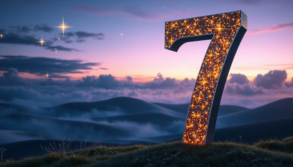 A large, bold number "7" stands prominently in the foreground, adorned with sparkling gold and iridescent colors that reflect light, symbolizing its perceived luck and significance. Surrounding the number, ethereal elements such as glowing stars and subtle rainbow hues add a sense of wonder and magic. In the middle ground, a dreamlike landscape features soft rolling hills under a twilight sky, filled with hues of deep blue and violet, suggesting mystery and allure. The background gently fades into soft clouds, illuminated by a warm, inviting light, creating a serene atmosphere. The composition captures the essence of the number 7, suggesting its uniqueness and charm, while maintaining a calm and uplifting mood. The image should be shot with a wide-angle lens, showcasing depth and softness throughout. A large, bold number "7" stands prominently in the foreground, adorned with sparkling gold and iridescent colors that reflect light, symbolizing its perceived luck and significance. Surrounding the number, ethereal elements such as glowing stars and subtle rainbow hues add a sense of wonder and magic. In the middle ground, a dreamlike landscape features soft rolling hills under a twilight sky, filled with hues of deep blue and violet, suggesting mystery and allure. The background gently fades into soft clouds, illuminated by a warm, inviting light, creating a serene atmosphere. The composition captures the essence of the number 7, suggesting its uniqueness and charm, while maintaining a calm and uplifting mood. The image should be shot with a wide-angle lens, showcasing depth and softness throughout.