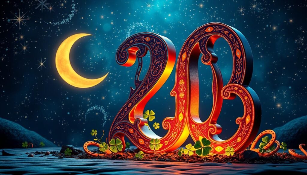 A large, elegant number "20" stands prominently in the foreground, intricately designed with intricate patterns and vibrant colors, symbolizing good fortune. A soft, warm glow emanates from the edges of the number, casting gentle shadows. In the middle ground, various symbols of luck, such as four-leaf clovers and horseshoes, are artfully arranged around the number, blending harmoniously. The background features a mystical night sky filled with shining stars and a crescent moon, adding an air of wonder and enchantment. The scene is illuminated by soft, ambient lighting, creating a serene yet uplifting atmosphere. Shot at a slight angle to emphasize depth and vibrancy, this composition captures the essence of exploring the deeper meaning of the number 20 in numerology. A large, elegant number "20" stands prominently in the foreground, intricately designed with intricate patterns and vibrant colors, symbolizing good fortune. A soft, warm glow emanates from the edges of the number, casting gentle shadows. In the middle ground, various symbols of luck, such as four-leaf clovers and horseshoes, are artfully arranged around the number, blending harmoniously. The background features a mystical night sky filled with shining stars and a crescent moon, adding an air of wonder and enchantment. The scene is illuminated by soft, ambient lighting, creating a serene yet uplifting atmosphere. Shot at a slight angle to emphasize depth and vibrancy, this composition captures the essence of exploring the deeper meaning of the number 20 in numerology.