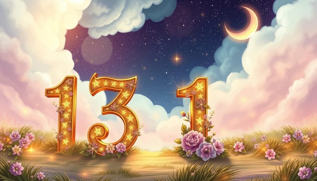 A magical landscape showcasing Taylor Swift's Lucky Number 13. In the foreground, ornate golden numerals "13" stand proudly adorned with sparkling stars and delicate floral arrangements, symbolizing good fortune. The middle ground features a dreamy, whimsical atmosphere with soft pastel colors blending harmoniously, while hints of shimmering light create a sense of enchantment. In the background, a night sky filled with twinkling stars and a soft crescent moon casts a gentle glow over the scene. The lighting is warm and inviting, reminiscent of a twilight ambiance, with a focus on creating a peaceful yet celebratory mood. The image should feel uplifting and inspirational, encapsulating the essence of luck and magic associated with Taylor Swift's favorite number.