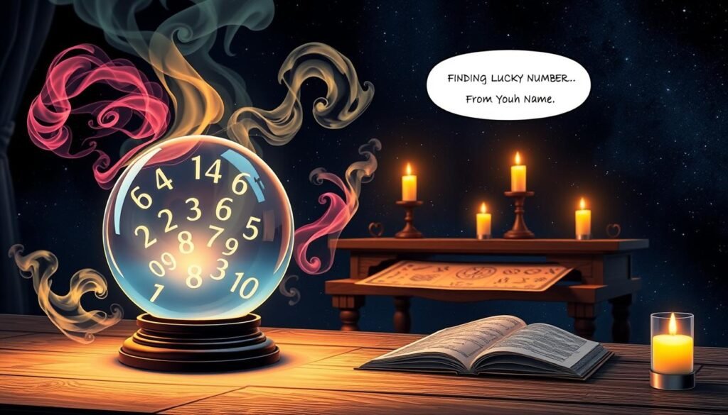 A magical scene depicting the concept of finding your lucky number from a name. In the foreground, an elegant crystal ball glows softly, revealing numbers swirling inside it. Surrounding the ball, delicate wisps of colorful smoke represent various names merging into numerical forms. In the middle ground, a charming wooden table with astrological symbols and numerology charts, illuminated by warm, inviting candlelight. The background features a starry night sky, with constellations faintly visible, enhancing the mystical atmosphere. The scene should have a dreamy, enchanting mood, with soft, diffused lighting that casts gentle shadows, emphasizing the importance of names and numbers. Utilize a slightly blurred lens effect for a whimsical touch, ensuring no human subjects are present. A magical scene depicting the concept of finding your lucky number from a name. In the foreground, an elegant crystal ball glows softly, revealing numbers swirling inside it. Surrounding the ball, delicate wisps of colorful smoke represent various names merging into numerical forms. In the middle ground, a charming wooden table with astrological symbols and numerology charts, illuminated by warm, inviting candlelight. The background features a starry night sky, with constellations faintly visible, enhancing the mystical atmosphere. The scene should have a dreamy, enchanting mood, with soft, diffused lighting that casts gentle shadows, emphasizing the importance of names and numbers. Utilize a slightly blurred lens effect for a whimsical touch, ensuring no human subjects are present.