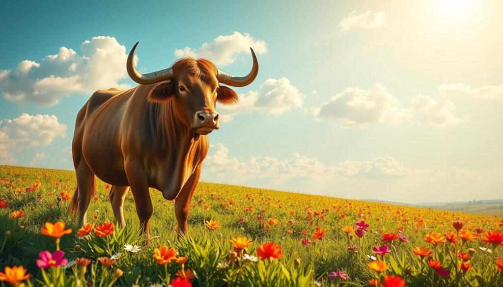 A majestic Taurus bull standing strong and proud in the foreground, its powerful physique highlighted under a warm, golden sunlight. The bull is surrounded by lush green fields filled with blooming flowers in vibrant hues, symbolizing abundance and stability. In the middle ground, a serene, clear blue sky dotted with soft white clouds creates a peaceful atmosphere, representing the calm and determination of Taurus traits. Gentle rays of sunlight illuminate the scene, casting soft shadows and enhancing the textures of the bull's fur and the vibrant flora. The composition evokes a sense of grounded energy and tranquility, perfectly encapsulating the essence of Taurus and its lucky vibes, inviting viewers to connect with its strong energy.