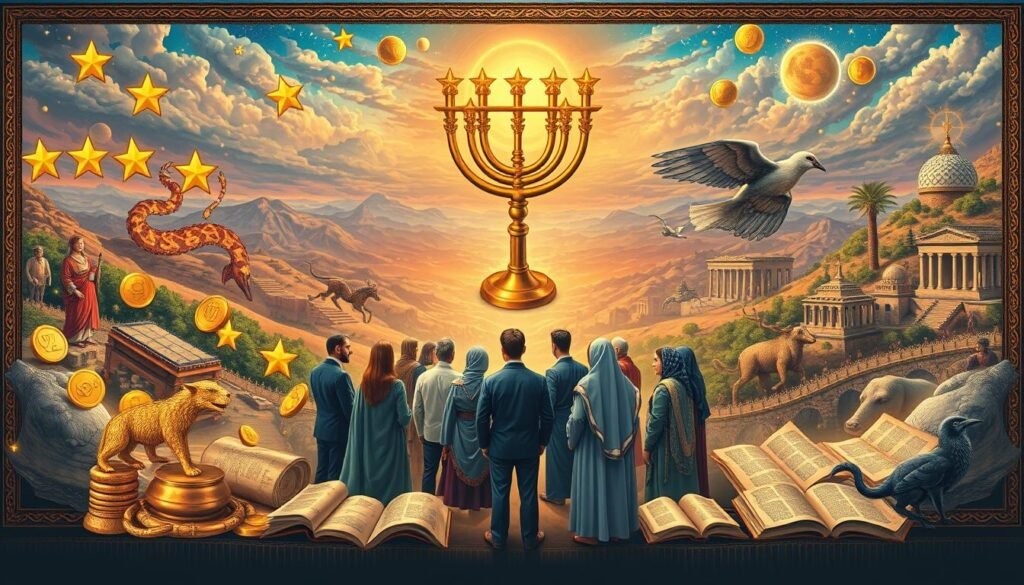 A majestic tapestry illustrating the significance of the number seven throughout history, religion, and folklore. In the foreground, a vibrant depiction of seven symbolic elements: seven stars, seven golden coins, a sacred menorah with seven branches, the Seven Wonders of the Ancient World, and seven mystical animals representing various cultures. The middle ground features a diverse group of people dressed in professional and modest casual clothing, engaged in discussion, surrounded by scrolls and open books, showcasing the importance of knowledge. The background is a harmonious blend of ethereal landscapes—rolling hills, ancient temples, and celestial skies—all bathed in warm, soft lighting that evokes a sense of wonder and reverence. Capture a serene and enlightening atmosphere that invites exploration of the number’s rich significance across cultures.