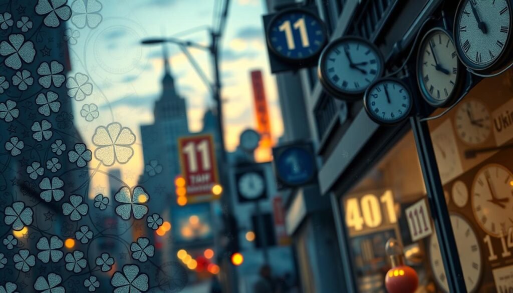 A mesmerizing close-up scene capturing the essence of number patterns in everyday life, with a focus on the number 11. In the foreground, incorporate intricate designs featuring repeating elements of the number 11, interwoven with symbols of luck like four-leaf clovers and stars. The middle layer showcases a soft, blurred representation of urban life—street signs, clock faces, and calendars subtly displaying the number 11 in various contexts. In the background, a dreamy skyline at dusk, illuminated by warm, golden lighting, casts a hopeful glow, symbolizing potential and optimism. The overall atmosphere is enchanting and thought-provoking, inviting viewers to reflect on the significance of numbers in their lives. A mesmerizing close-up scene capturing the essence of number patterns in everyday life, with a focus on the number 11. In the foreground, incorporate intricate designs featuring repeating elements of the number 11, interwoven with symbols of luck like four-leaf clovers and stars. The middle layer showcases a soft, blurred representation of urban life—street signs, clock faces, and calendars subtly displaying the number 11 in various contexts. In the background, a dreamy skyline at dusk, illuminated by warm, golden lighting, casts a hopeful glow, symbolizing potential and optimism. The overall atmosphere is enchanting and thought-provoking, inviting viewers to reflect on the significance of numbers in their lives.