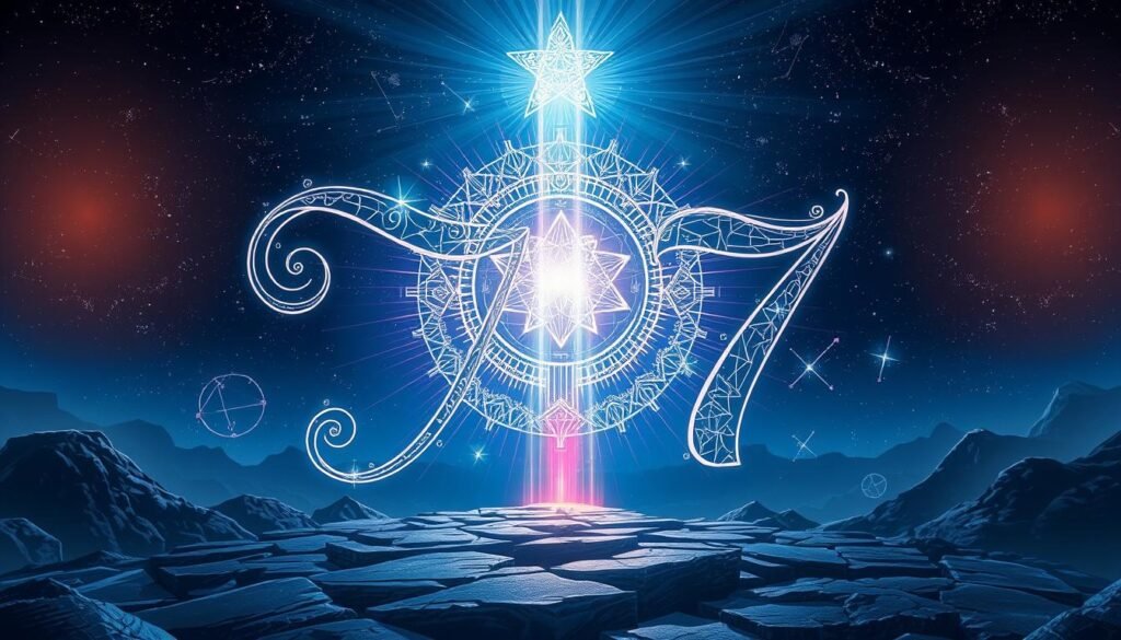 A mesmerizing illustration capturing the essence of numerology focused on the number 77, showcasing its deep energy. In the foreground, depict the large, artistic representation of the number "77" in a mystical, swirling font, adorned with cosmic symbols and intricate geometric patterns. The middle layer features ethereal light beams and shimmering stars creating a halo effect around the number, suggesting enlightenment and positive energy. In the background, a serene night sky filled with constellations subtly hints at the connection to the universe and spiritual insights. The overall mood is uplifting and contemplative, with soft, ambient lighting enhancing the mystical quality of the scene. Use a wide-angle perspective to draw the viewer into this intriguing exploration of numerology. A mesmerizing illustration capturing the essence of numerology focused on the number 77, showcasing its deep energy. In the foreground, depict the large, artistic representation of the number "77" in a mystical, swirling font, adorned with cosmic symbols and intricate geometric patterns. The middle layer features ethereal light beams and shimmering stars creating a halo effect around the number, suggesting enlightenment and positive energy. In the background, a serene night sky filled with constellations subtly hints at the connection to the universe and spiritual insights. The overall mood is uplifting and contemplative, with soft, ambient lighting enhancing the mystical quality of the scene. Use a wide-angle perspective to draw the viewer into this intriguing exploration of numerology.