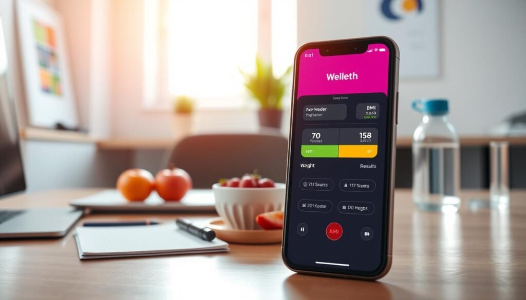 A modern BMI calculator app interface displayed on a smartphone, set in a bright, inviting office environment. In the foreground, the phone shows a vibrant, user-friendly interface with features like a weight tracker, height input, and BMI calculation results. The middle ground features a stylish desk with a notepad, healthy snacks like fruits, and a water bottle for a wellness vibe. In the background, soft natural light filters through a window, illuminating the scene with a warm glow. The composition should evoke a sense of health, technology, and motivation, captured with a shallow depth of field to emphasize the app. Use a wide-angle lens perspective to give a comprehensive view of the workspace, ensuring the atmosphere feels cozy yet professional.
