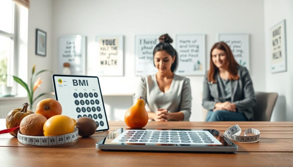 A modern BMI calculator displayed on a sleek digital tablet on a wooden table, surrounded by fresh fruits and measuring tape, symbolizing health and wellness. In the foreground, a professional health consultant, dressed in a smart business outfit, attentively reviews the calculator's results with a patient sitting across from them, who is in modest casual clothing. The middle features a bright, airy clinic environment with walls painted in soft, soothing colors, and motivational health posters subtly visible in the background. Soft natural lighting streams through a window, creating a welcoming and encouraging atmosphere. The overall mood is optimistic and informative, perfect for illustrating a new way to assess health efficiently. A modern BMI calculator displayed on a sleek digital tablet on a wooden table, surrounded by fresh fruits and measuring tape, symbolizing health and wellness. In the foreground, a professional health consultant, dressed in a smart business outfit, attentively reviews the calculator's results with a patient sitting across from them, who is in modest casual clothing. The middle features a bright, airy clinic environment with walls painted in soft, soothing colors, and motivational health posters subtly visible in the background. Soft natural lighting streams through a window, creating a welcoming and encouraging atmosphere. The overall mood is optimistic and informative, perfect for illustrating a new way to assess health efficiently.