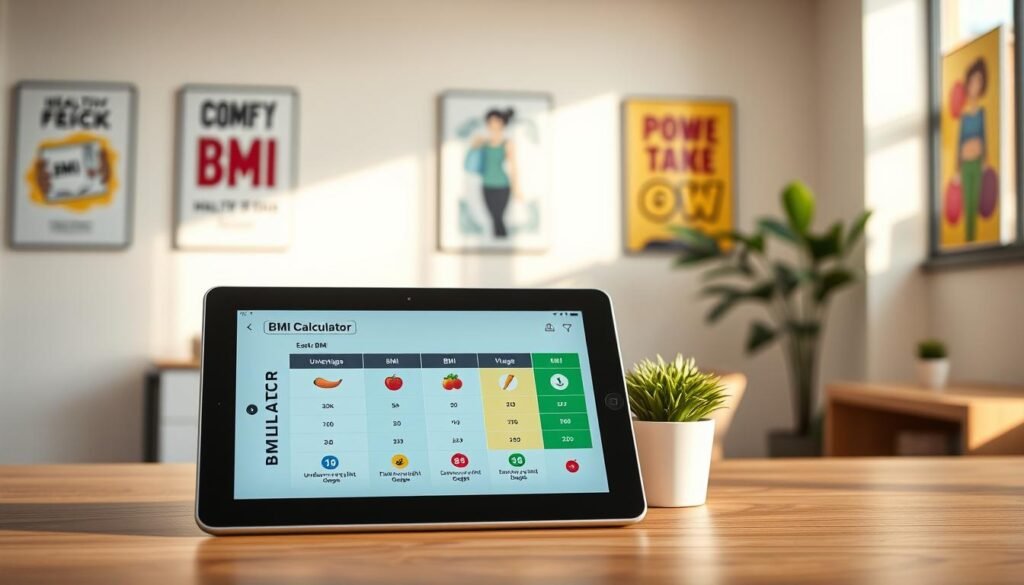 A modern BMI calculator tool interface displayed on a sleek tablet, positioned prominently in the foreground. The tablet shows a user-friendly design with vibrant, colorful graphics illustrating BMI ranges from underweight to severely obese, each category linked to healthy lifestyle icons. In the middle ground, a soft-focus background features a well-lit, minimalist office setting, with a small potted plant and motivational health posters on the wall. Warm, natural lighting creates a welcoming atmosphere. The angle is slightly elevated, offering a clear view of the calculator screen while subtly capturing the inviting surroundings. The mood is positive and informative, emphasizing ease of use and health awareness.