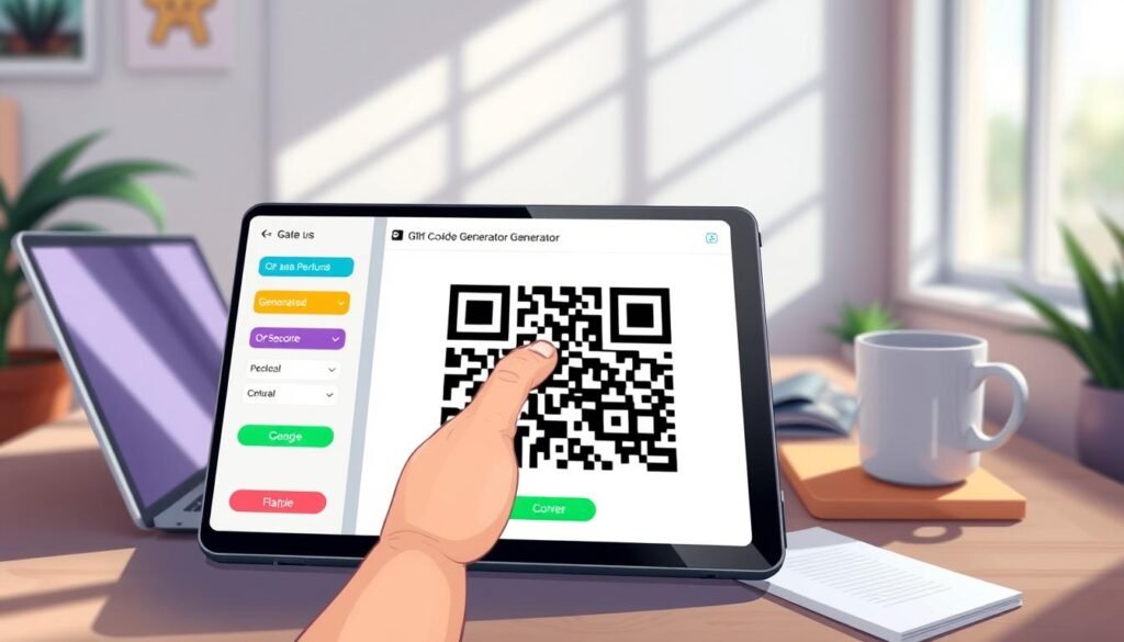A modern QR code generator interface displayed prominently in the foreground, showcasing a sleek design with vibrant colors and an intuitive layout. The middle layer features a digital tablet displaying a QR code being generated, with a finger poised to tap on the screen, emphasizing user interaction. In the background, a softly blurred workspace with a laptop, notes, and a coffee cup to create a dynamic, tech-driven atmosphere. Soft natural lighting streams in from a nearby window, casting gentle shadows that enhance the depth of the scene. The overall mood is innovative and inviting, illustrating the ease and efficiency of creating personalized QR codes. The image should be devoid of any text, ensuring a clean presentation. A modern QR code generator interface displayed prominently in the foreground, showcasing a sleek design with vibrant colors and an intuitive layout. The middle layer features a digital tablet displaying a QR code being generated, with a finger poised to tap on the screen, emphasizing user interaction. In the background, a softly blurred workspace with a laptop, notes, and a coffee cup to create a dynamic, tech-driven atmosphere. Soft natural lighting streams in from a nearby window, casting gentle shadows that enhance the depth of the scene. The overall mood is innovative and inviting, illustrating the ease and efficiency of creating personalized QR codes. The image should be devoid of any text, ensuring a clean presentation.