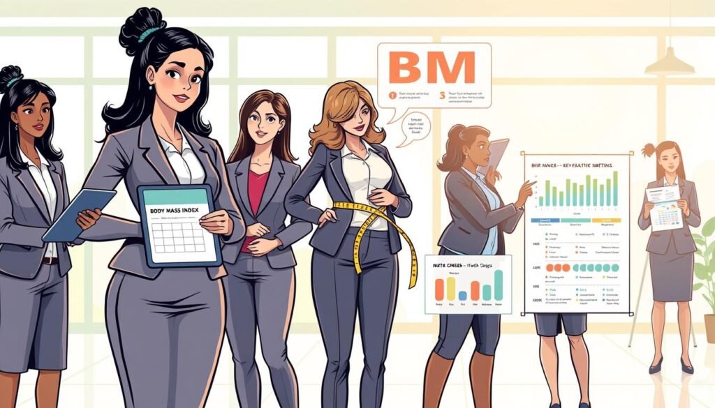 A modern and informative illustration depicting the concept of Body Mass Index (BMI) and its relevance to health. In the foreground, a diverse group of women in professional business attire - one holding a tablet displaying a BMI calculator, another measuring her waist with a soft tape measure, and a third consulting a health chart. In the middle ground, infographics illustrating BMI ranges and key health statistics are lightly visible. The background features a well-lit, modern office with bright, natural lighting streaming through large windows, creating a warm and inviting atmosphere. The color palette is soft and professional, incorporating greens and blues to evoke a sense of health and well-being. The image emphasizes a sense of empowerment and awareness around health metrics without any text or distractions. A modern and informative illustration depicting the concept of Body Mass Index (BMI) and its relevance to health. In the foreground, a diverse group of women in professional business attire - one holding a tablet displaying a BMI calculator, another measuring her waist with a soft tape measure, and a third consulting a health chart. In the middle ground, infographics illustrating BMI ranges and key health statistics are lightly visible. The background features a well-lit, modern office with bright, natural lighting streaming through large windows, creating a warm and inviting atmosphere. The color palette is soft and professional, incorporating greens and blues to evoke a sense of health and well-being. The image emphasizes a sense of empowerment and awareness around health metrics without any text or distractions.