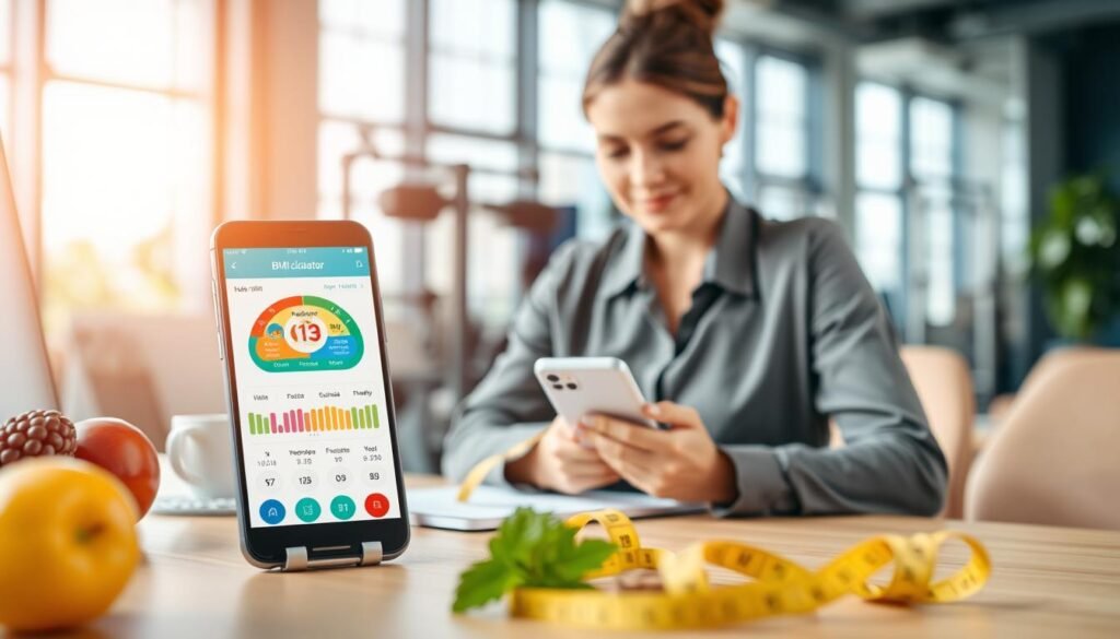 A modern and inviting workspace scene showcasing a smartphone displaying a BMI Calculator app interface, prominently in the foreground. The app screen features colorful graphics and easy-to-read metrics, emphasizing health tracking. In the middle ground, a professional woman in modest casual attire, looking engaged as she interacts with the app on her phone, surrounded by health-related items like fruits and a measuring tape. The background features a soft-focus gym or wellness center, emphasizing a healthy lifestyle. Bright, natural lighting creates a fresh and motivating atmosphere, with a slightly blurred depth of field focusing on the app, creating a sense of clarity and importance around health management. A modern and inviting workspace scene showcasing a smartphone displaying a BMI Calculator app interface, prominently in the foreground. The app screen features colorful graphics and easy-to-read metrics, emphasizing health tracking. In the middle ground, a professional woman in modest casual attire, looking engaged as she interacts with the app on her phone, surrounded by health-related items like fruits and a measuring tape. The background features a soft-focus gym or wellness center, emphasizing a healthy lifestyle. Bright, natural lighting creates a fresh and motivating atmosphere, with a slightly blurred depth of field focusing on the app, creating a sense of clarity and importance around health management.