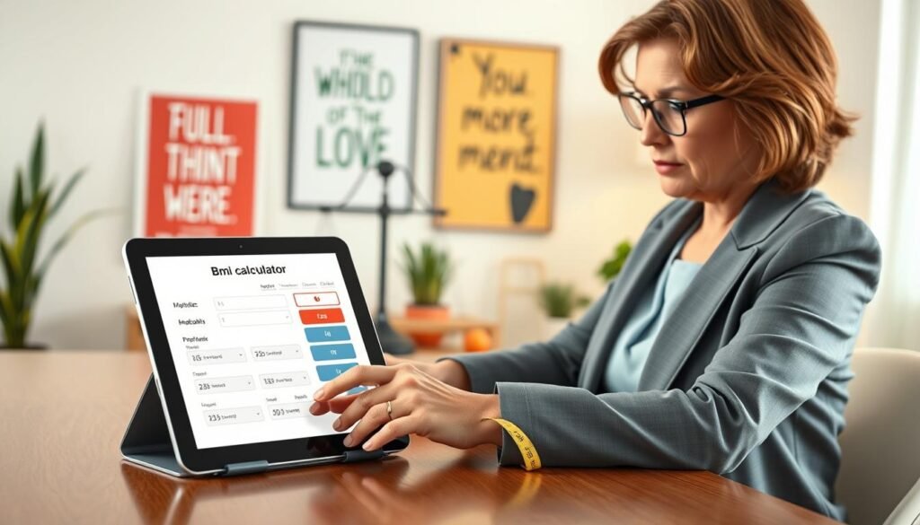 A modern and sleek BMI calculator interface displayed on a stylish tablet, positioned on a polished wooden table. In the foreground, a well-dressed professional, a middle-aged woman in a smart blazer, is focused on the screen, entering her details. The middle ground features a balanced scale and a tape measure, symbolizing weight management. In the background, a softly lit wellness-themed room, with motivational posters and plants, creates an inviting atmosphere. Use soft, natural lighting to imply a calm, positive mood. The angle should be slightly elevated, giving a clear view of the calculator's interface and the user's engaged expression. The overall composition should feel informative yet approachable, emphasizing personal health and well-being. A modern and sleek BMI calculator interface displayed on a stylish tablet, positioned on a polished wooden table. In the foreground, a well-dressed professional, a middle-aged woman in a smart blazer, is focused on the screen, entering her details. The middle ground features a balanced scale and a tape measure, symbolizing weight management. In the background, a softly lit wellness-themed room, with motivational posters and plants, creates an inviting atmosphere. Use soft, natural lighting to imply a calm, positive mood. The angle should be slightly elevated, giving a clear view of the calculator's interface and the user's engaged expression. The overall composition should feel informative yet approachable, emphasizing personal health and well-being.