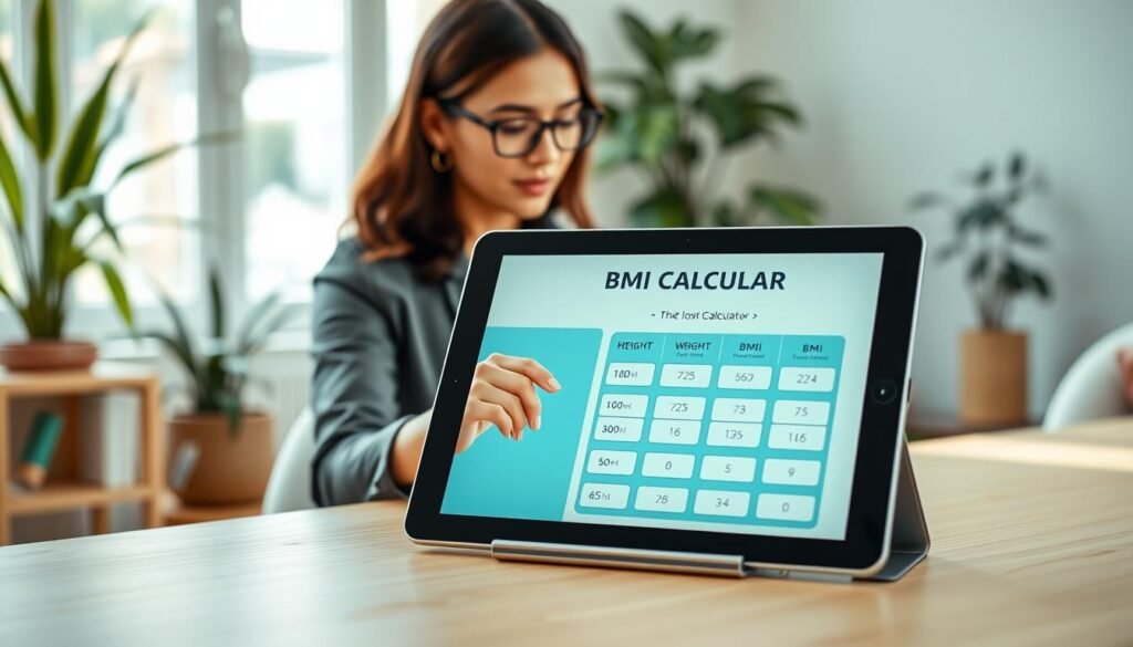 A modern and sleek BMI calculator interface displayed on a stylish tablet, positioned on a light wooden desk. The foreground features a well-organized screen showcasing the calculator with sections for height, weight, and BMI results, all in a clean, user-friendly design. In the middle ground, a professional woman in modest casual clothing is engaged with the tablet, tapping in her measurements, with a focused yet relaxed expression. The background includes a softly blurred home environment, with plants and a window allowing natural light to filter in, creating a warm and inviting atmosphere. The lighting is bright but soft, enhancing the clarity of the calculator on the screen. The entire image conveys ease of use and a supportive mood for women seeking health information.