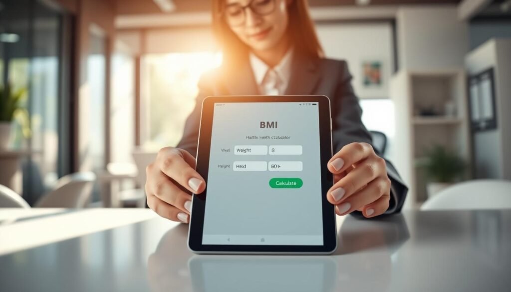 A modern and sleek BMI calculator tool displayed prominently on a clean, minimalistic desk. The foreground features the calculator interface on a tablet or smartphone screen, showing input fields for weight and height, along with a prominent “Calculate” button. In the middle ground, a pair of hands, dressed in professional business attire, are engaging with the device, indicating interaction. The background consists of a softly blurred health-themed office environment with natural light filtering through a nearby window, casting gentle shadows. The overall mood is professional yet approachable, conveying a sense of health awareness and technology. Use a soft focus lens effect to enhance the image's clarity and warmth, creating an inviting atmosphere.