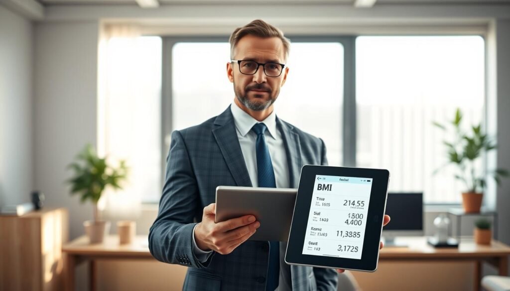 A modern and sleek BMI weight calculator interface displayed prominently in the foreground, featuring a digital screen showing BMI calculations with simple graphics. In the middle, include a well-dressed professional, a middle-aged Caucasian man, holding a tablet with BMI data, set in a clean, minimalistic office environment. The background features a large window with soft natural light streaming in, illuminating the workspace and creating a calm, inviting atmosphere. Use a slight depth-of-field effect to focus on the calculator and the professional, while subtly blurring the office background. The overall mood is informative and encouraging, emphasizing health and well-being. A modern and sleek BMI weight calculator interface displayed prominently in the foreground, featuring a digital screen showing BMI calculations with simple graphics. In the middle, include a well-dressed professional, a middle-aged Caucasian man, holding a tablet with BMI data, set in a clean, minimalistic office environment. The background features a large window with soft natural light streaming in, illuminating the workspace and creating a calm, inviting atmosphere. Use a slight depth-of-field effect to focus on the calculator and the professional, while subtly blurring the office background. The overall mood is informative and encouraging, emphasizing health and well-being.
