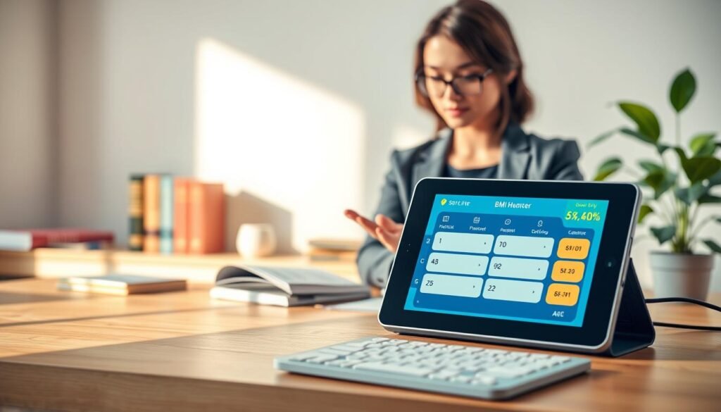 A modern and sleek BMI women calculator tool displayed on a well-lit wooden desk. In the foreground, a digital device featuring a user-friendly interface with vibrant colors, showcasing measurement fields and BMI calculation options. The middle layer includes a female figure in a professional setting, dressed in a smart, modest business outfit, engaging with the calculator while looking focused and thoughtful. The background features soft-focus elements like health-related books and a potted plant, contributing to a calming atmosphere. Natural light streams in from a nearby window, casting gentle shadows and creating a warm, inviting mood. The overall composition conveys a sense of empowerment and health consciousness.