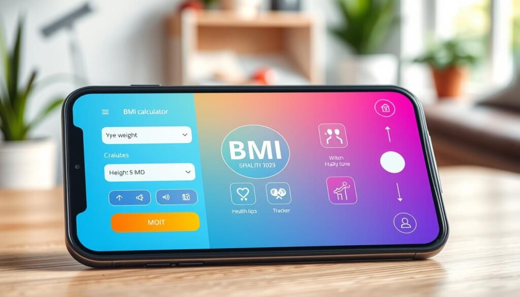 A modern and sleek smartphone screen displaying a BMI calculator app interface. The foreground features user-friendly input fields for weight and height, stylishly designed buttons for calculation, and visual indicators showing BMI results with clear, vibrant colors. In the middle, the app is vibrant and intuitive, showcasing icons for health tips and tracking progress in a visually appealing layout. The background is a softly blurred home environment, hinting at a cozy workspace with natural light streaming in, creating a warm and inviting atmosphere. The image is shot from a slightly elevated angle, enhancing the modern and tech-savvy feel, while ensuring all elements are easy to read. The overall mood is positive and motivational, promoting healthy living. A modern and sleek smartphone screen displaying a BMI calculator app interface. The foreground features user-friendly input fields for weight and height, stylishly designed buttons for calculation, and visual indicators showing BMI results with clear, vibrant colors. In the middle, the app is vibrant and intuitive, showcasing icons for health tips and tracking progress in a visually appealing layout. The background is a softly blurred home environment, hinting at a cozy workspace with natural light streaming in, creating a warm and inviting atmosphere. The image is shot from a slightly elevated angle, enhancing the modern and tech-savvy feel, while ensuring all elements are easy to read. The overall mood is positive and motivational, promoting healthy living.