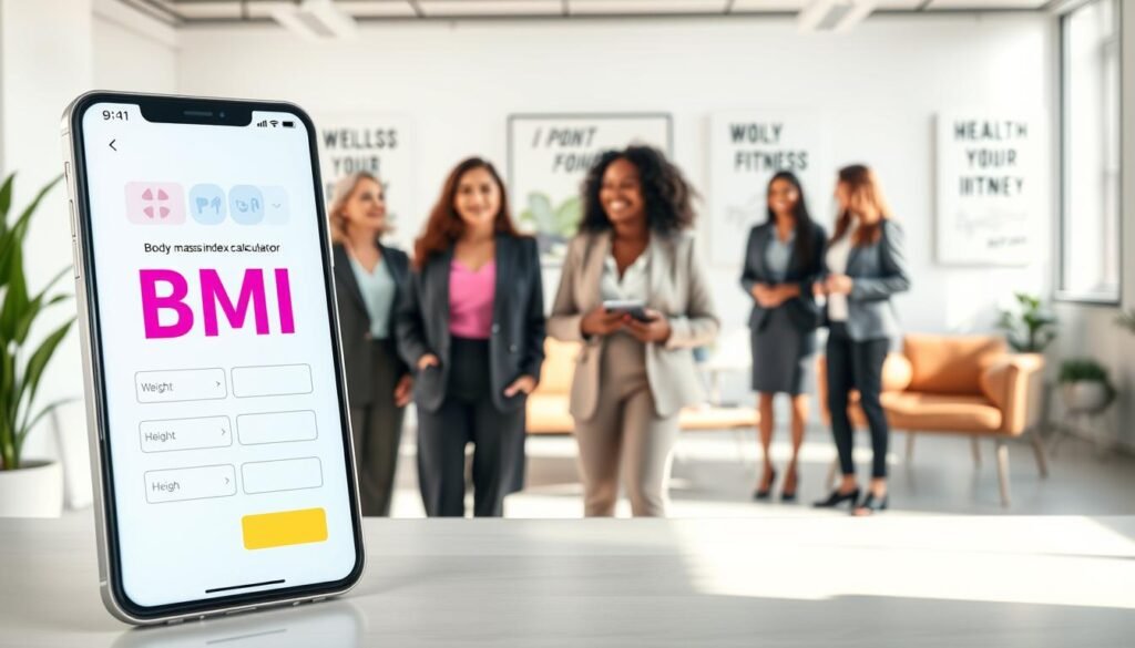 A modern digital body mass index (BMI) calculator interface displayed prominently in the foreground, featuring a sleek design with vibrant colors. The calculator should show input fields for weight and height, alongside a calculating button, all set against a clean, professional background. In the middle ground, soft-focus images of diverse women in professional attire cooperating in a wellness discussion, emphasizing empowerment and health. The background consists of a bright, inviting office setting with motivational posters about health and fitness, minimalistic furniture, and natural light streaming through large windows. The overall mood is uplifting and encouraging, conveying the importance of health and self-care, captured from a slightly elevated angle to offer a clear view of the calculator and the engaged women.
