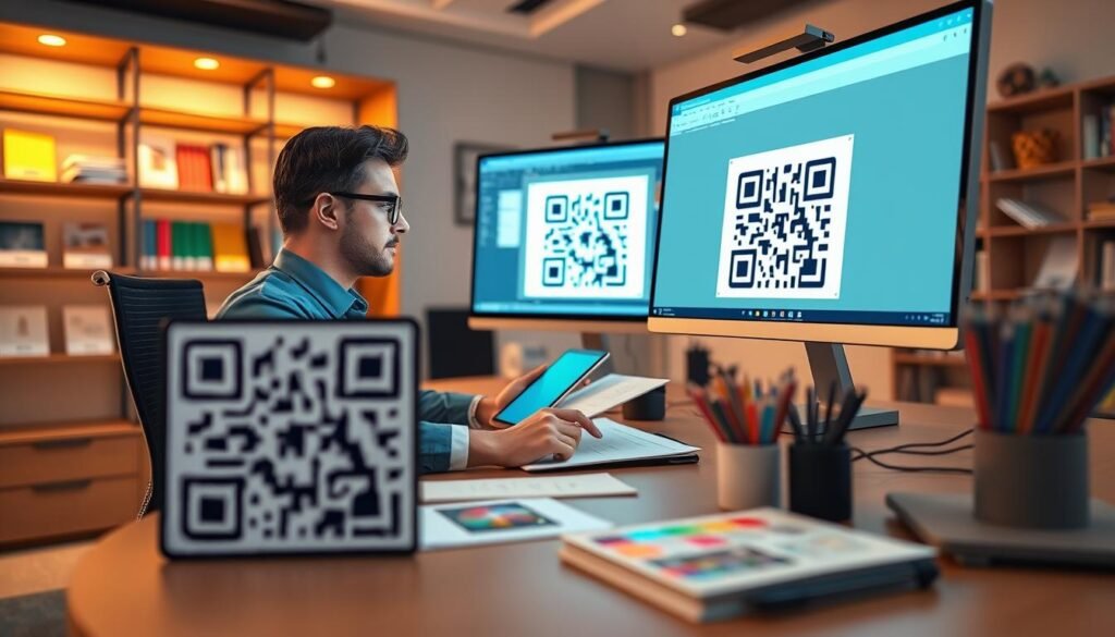 A modern digital workspace with a professional graphic designer sitting at a sleek desk, focused on creating a QR code logo on a computer screen. The designer, dressed in smart casual attire, is using design software, surrounded by a tablet, color swatches, and sketches. In the foreground, a close-up view of the computer screen showcasing the QR code being digitally formed with vibrant colors and logo elements is displayed in detail. The background features soft-focus shelves filled with design books and vibrant samples. Warm ambient lighting enhances the professional yet creative atmosphere. Use a wide-angle lens to capture the workspace's overall feel, emphasizing productivity and creativity in generating unique QR code logos.