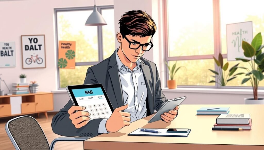 A modern, minimalistic scene depicting an individual using a BMI calculator tool in a bright, inviting office space. In the foreground, a young adult dressed in smart casual attire intently interacts with a sleek tablet displaying a BMI calculator interface. The middle layer features a stylish desk with a few health-related books, a notepad, and a smartphone. In the background, large windows let in soft, natural lighting, creating a warm, encouraging atmosphere. The walls are adorned with motivational health posters, and a potted plant adds a touch of greenery. The overall mood conveys focus and determination, perfectly illustrating the theme of tracking health through the use of technology.