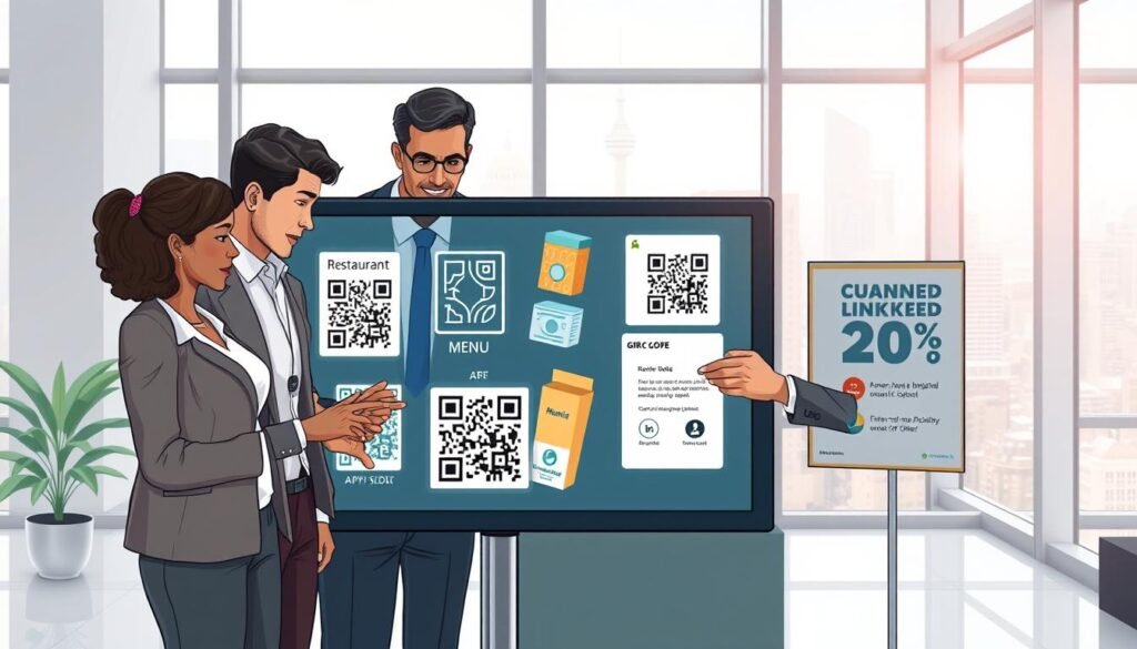 A modern office environment showcasing innovative ways businesses use QR codes to enhance customer engagement. In the foreground, a diverse group of three professionals, two men and one woman, all dressed in professional business attire, interact with a large touchscreen displaying various QR code applications. The middle layer features different elements like a restaurant menu with a QR code, a product packaging with a scannable code, and a promotional poster with a QR code linked to a digital offer. The background displays a bright, well-lit office with large windows, showcasing a bustling cityscape. Use soft natural lighting with a slight vignette effect to create a focused and engaging atmosphere, capturing the spirit of modern business innovation. A modern office environment showcasing innovative ways businesses use QR codes to enhance customer engagement. In the foreground, a diverse group of three professionals, two men and one woman, all dressed in professional business attire, interact with a large touchscreen displaying various QR code applications. The middle layer features different elements like a restaurant menu with a QR code, a product packaging with a scannable code, and a promotional poster with a QR code linked to a digital offer. The background displays a bright, well-lit office with large windows, showcasing a bustling cityscape. Use soft natural lighting with a slight vignette effect to create a focused and engaging atmosphere, capturing the spirit of modern business innovation.
