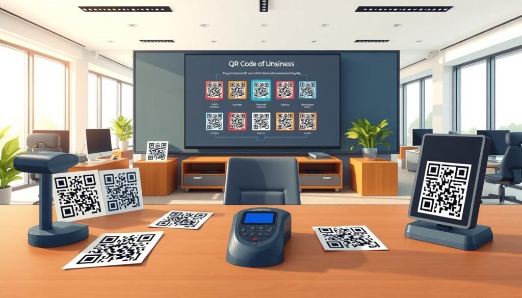A modern office environment showcasing various types of QR codes in a visually engaging manner. In the foreground, a sleek desk with a high-tech QR code scanner, surrounded by printed examples of different QR code types: standard, dynamic, and custom. In the middle ground, a large digital screen displays an infographic illustrating key features of each QR code type. The background is a bright, professional workspace with large windows allowing natural light to flood in, casting soft shadows. Use a wide-angle lens effect to capture the entire scene in sharp detail, emphasizing clarity and professionalism. The atmosphere should be informative yet inviting, encouraging understanding and exploration of the topic. No text or overlays will distract from the visual elements. A modern office environment showcasing various types of QR codes in a visually engaging manner. In the foreground, a sleek desk with a high-tech QR code scanner, surrounded by printed examples of different QR code types: standard, dynamic, and custom. In the middle ground, a large digital screen displays an infographic illustrating key features of each QR code type. The background is a bright, professional workspace with large windows allowing natural light to flood in, casting soft shadows. Use a wide-angle lens effect to capture the entire scene in sharp detail, emphasizing clarity and professionalism. The atmosphere should be informative yet inviting, encouraging understanding and exploration of the topic. No text or overlays will distract from the visual elements.