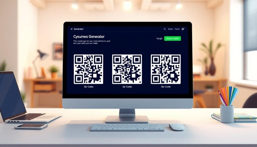A modern, sleek QR code generator interface displayed prominently in the foreground, featuring a vibrant digital screen showcasing dynamic QR code designs in various colors. In the middle ground, a professional office environment with subtle tech elements, like a laptop, smartphone, and color swatches, enhances the scene. The background features a softly blurred workspace, hinting at a productive atmosphere with warm, inviting lighting. The scene captures a sense of convenience and innovation, suggesting how easy it is to create QR codes at a moment's notice. The mood is efficient and inspiring, aiming to reflect the ease of using a barcode generator, inviting users to embrace technology for their daily needs.