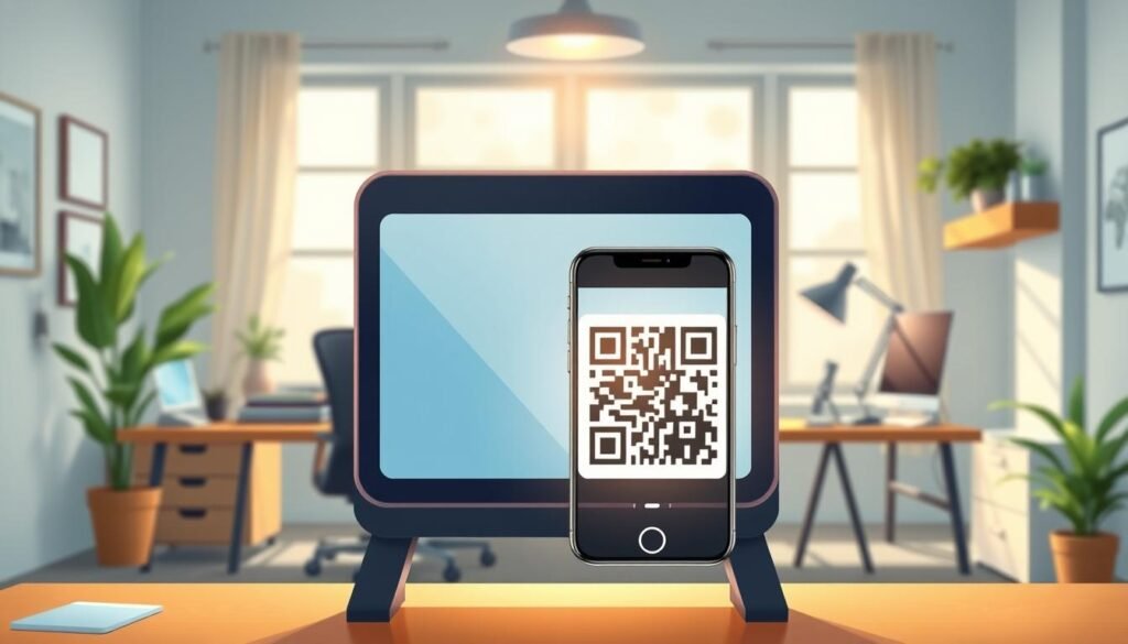 A modern, sleek QR code generator interface displayed prominently in the foreground, showcasing an interactive screen with a user-friendly design. The middle layer features a stylized smartphone positioned at an angle, scanning the QR code on the screen, which is surrounded by a gentle glow. In the background, a cozy office environment is visible, with soft natural light streaming through a window, illuminating a professional workspace equipped with digital tools and devices. The atmosphere is inviting and trustworthy, conveying a sense of safety and reliability. The color palette is warm, with shades of blue and green for a calming effect, while ensuring the absence of any text, logos, or watermarks.