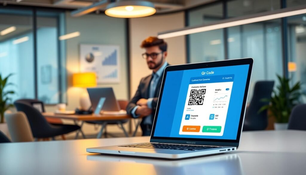 A modern, visually appealing digital workspace displaying key features of a QR code generator app. In the foreground, a laptop screen shows a user-friendly interface with various features like customization options, analytics, and QR code download buttons, all designed with vibrant colors and intuitive icons. In the middle, an office setting with a professional business person in smart casual attire, actively engaging with the app. The background features subtle elements like charts and graphs that imply data analysis capabilities. The lighting is bright and inviting, with a warm ambiance that suggests productivity and innovation. The scene should reflect a sense of efficiency and modern technology, ideal for business needs. A modern, visually appealing digital workspace displaying key features of a QR code generator app. In the foreground, a laptop screen shows a user-friendly interface with various features like customization options, analytics, and QR code download buttons, all designed with vibrant colors and intuitive icons. In the middle, an office setting with a professional business person in smart casual attire, actively engaging with the app. The background features subtle elements like charts and graphs that imply data analysis capabilities. The lighting is bright and inviting, with a warm ambiance that suggests productivity and innovation. The scene should reflect a sense of efficiency and modern technology, ideal for business needs.