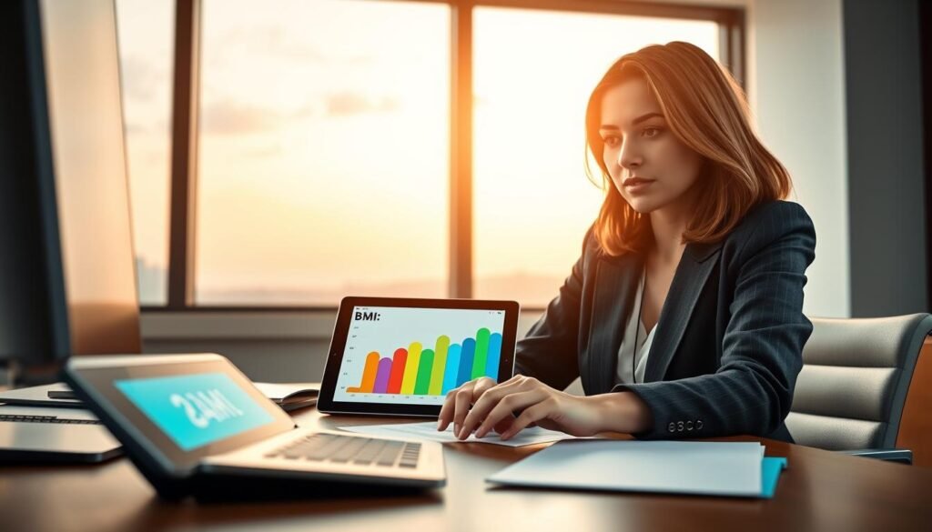 A modern, well-lit office environment featuring a woman in her 30s, dressed in professional business attire, interacting with a sleek BMI calculator on her desk. In the foreground, focus on her hands as she inputs data on the calculator, showcasing her engaged expression. In the middle, include a tablet displaying a colorful graph that represents BMI data for different age groups of women. In the background, soft-focus a bright window revealing a tranquil outdoor view to create a sense of calm and motivation. Use natural lighting to give a warm atmosphere, conveying a feeling of empowerment and health awareness. The composition should be clean, inviting, and reflect professionalism.