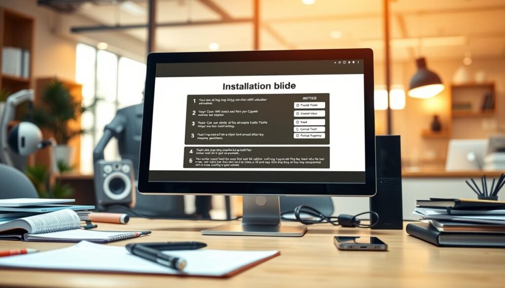 A modern workspace featuring a computer desktop displaying a BMI calculator software installation guide. In the foreground, a well-organized desk cluttered with a notepad, a pen, and a smartphone, reflecting a tech-savvy environment. The middle ground showcases a high-resolution screen showing the BMI calculator interface with installation steps clearly outlined. The background consists of a softly blurred interior office setting with warm, natural lighting filtering through a window, creating a welcoming atmosphere. The perspective is from an angled view, focusing on the computer screen, highlighting the clarity and user-friendliness of the software. The overall mood is informative and encouraging, suggesting a seamless installation experience.