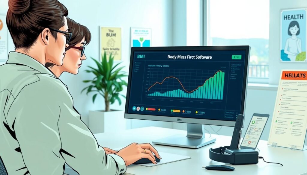 A modern workspace featuring a sleek computer displaying body mass tracking software interface, highlighting compatibility with various operating systems. In the foreground, a focused professional wearing modest business attire is engaged with the software, using a mouse to navigate the interface. The middle ground includes a well-organized desk with a fitness tracker and health-related materials, such as a BMI chart and flashlight for optimal lighting. The background showcases a bright, airy office space with motivational health posters and a window letting in natural light that enhances the atmosphere. The color palette is calming, with soft blues and greens to evoke a sense of wellness and productivity. The overall mood is professional and encouraging, suggesting a commitment to health management.
