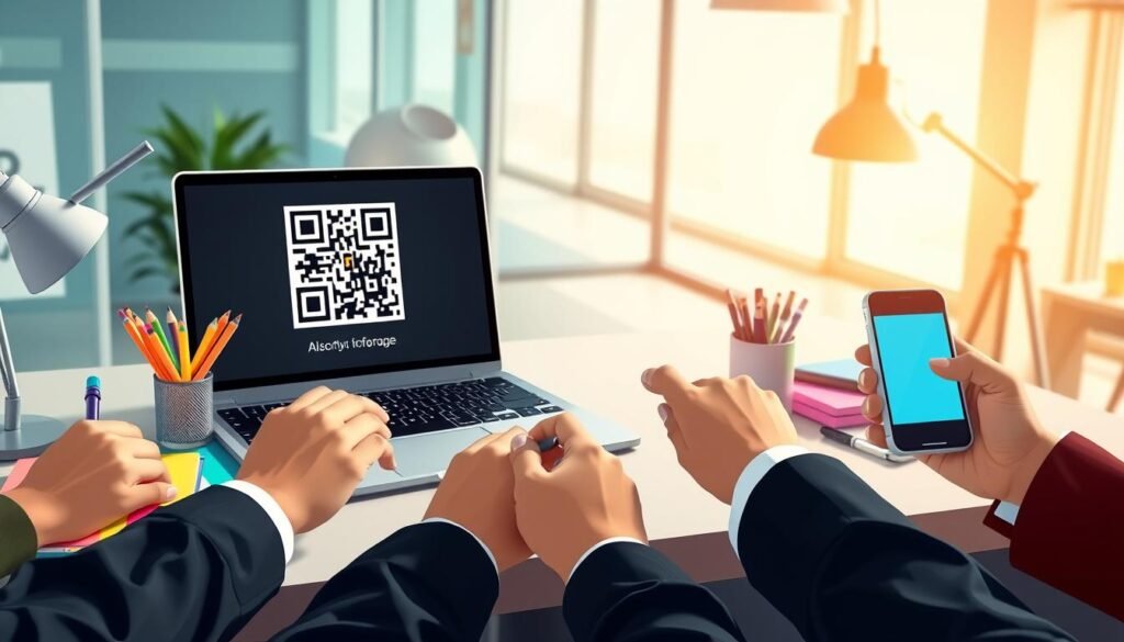 A modern workspace featuring a sleek laptop displaying a vibrant QR code on the screen, surrounded by various creative tools like colorful stationery and a smartphone scanning the QR code. In the foreground, hands of a diverse group of individuals, dressed in professional business attire, actively engage with the tools, symbolizing collaboration and innovation. In the middle ground, a soft glow from a desk lamp illuminates the QR code, enhancing its visual appeal. The background reveals a bright and airy office space with large windows letting in natural light, creating an inspiring atmosphere. The overall mood is one of creativity, curiosity, and simplicity, emphasizing the ease of using an absolutely free QR code generator. The image is taken with a standard lens at a slight aerial angle to capture the dynamic workspace.