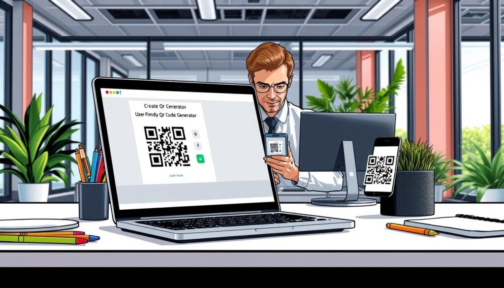 A modern workspace scene illustrating the concept of "Create QR Code Easily." In the foreground, a clean and organized desk featuring a sleek laptop displaying a user-friendly QR code generator interface, with a visible QR code being generated. Scattered around are colorful pens, a notebook, and a smartphone scanning a QR code, emphasizing ease of use. The middle ground showcases a professional individual in smart casual attire, focused on the computer screen, exuding a sense of productivity. The background features a well-lit office environment with large windows and greenery, creating a fresh and inviting atmosphere. The lighting is bright and natural, enhancing the colors of the accessories. The angle is slightly top-down, providing a clear view of the laptop and workspace, conveying a mood of innovation and simplicity.